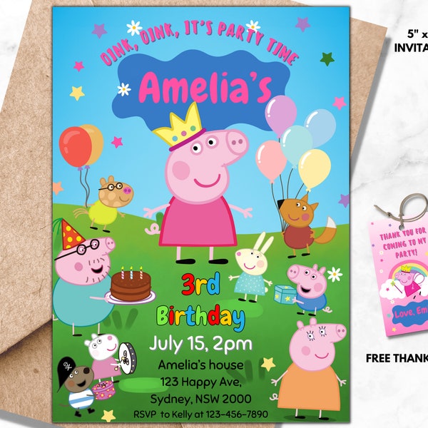 Editable Peppa Pig Theme Birthday Invitation Template, Digital Kids Birthday Invite Instant Download, Printable Girl Birthday Card 03