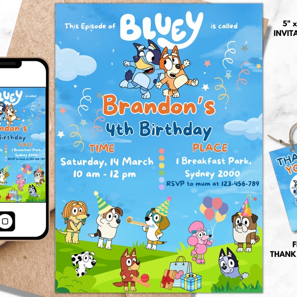 Editable Bluey Birthday Invitation Template, Digital Download Bluey Bingo Birthday Invite, Printable Bluey Boy Party Card 03