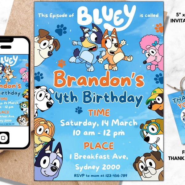 Modèle modifiable d'invitation d'anniversaire Bluey, téléchargement numérique, invitation d'anniversaire Bluey Bingo, carte de fête imprimable Bluey Boy 04