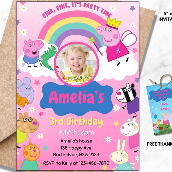 Editable Peppa Pig Theme Birthday Invitation Template, Digital Kids Birthday Invite Instant Download, Printable Girl Birthday Card 02