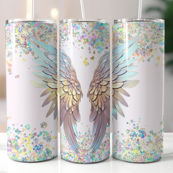 Angel Wings 20oz Skinny Tumbler Sublimation - Glitter Tumbler Wrap - Straight Tumbler Wrap - Christian png - Iridescent - Instant Download