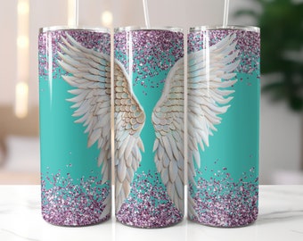Angel Wings Tumbler Sublimation Design – Purple Glitter, Christian (PNG Digital Download)