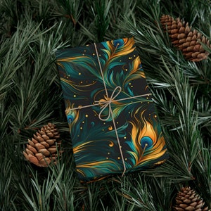 Peacock Feather Gift Wrap. Unique Wrapping Paper, Abstract Modern Art Inspired Design, Satin and Matte Finishes, Multiple Size Options