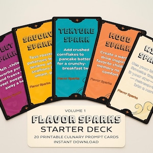 Op de afbeelding: Een set receptkaarten, "Flavor Sparks Starter Deck", met kleurrijke kaarten. De kaarten hebben tekstprompts en zijn in paars, geel, blauwgroen, oranje en wit. De set bevat 20 afdrukbare culinaire promptkaarten.