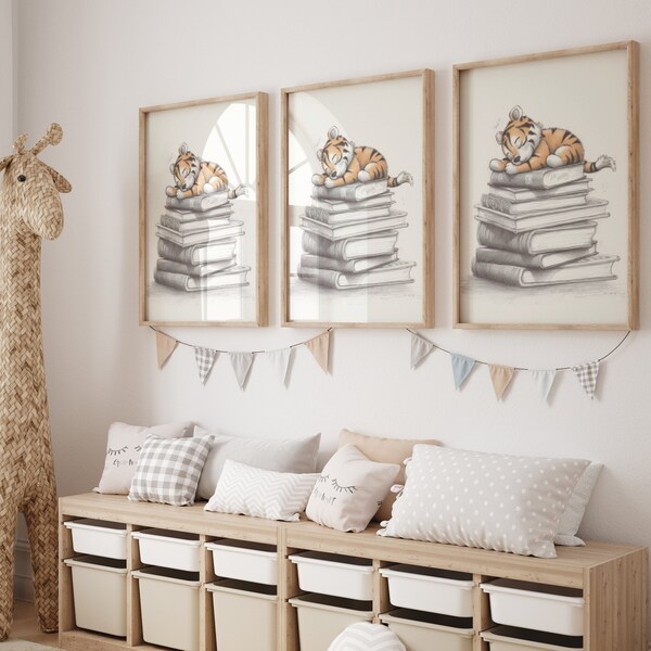 Tiger On Books Wall Art, Cute Tiger Nursery Wall Art, Tiger Nursery Wall Prints, Tiger Nursery Prints, Tiger Nursery Decor