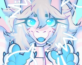 May include: Digital illustration of a furry character with a light blue and pink color scheme. The character has large blue eyes, white fur, and a striped pink and white outfit. White speech bubbles and lightning bolt shapes are around the character.