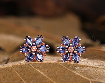 Marquise sapphire flower earrings decorative earrings exquisite simple gold earrings vintage earrings anniversary gift jewelry gift for her