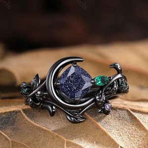 Crescent Moon Ring Vintage Blue Sandstone Engagement RingSet,Black Gold Band,Art Deco Leaf Amethyst Emerald Ring,Promise Gift,Women Bridal