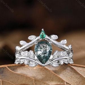 Vintage Moss Agate Engagement Ring, Twig Vine Branch Ring White Gold Band, Women Bridal Set, Art Deco Leaf Emerald Ring, Promise Gift,Custom