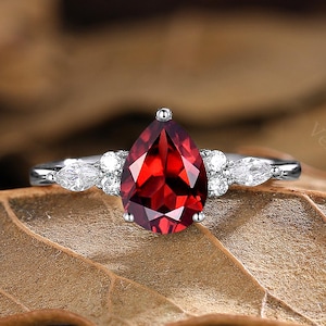 Art Deco White Gold Pear Natural Garnet Engagement Ring Moissanite Cluster Promise Ring Red Garnet Ring Red Gemstone Branch Bridal Jewelry