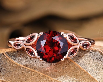 Natural Garnet Ring January Birthstone Ring Round Cut Garnet Ring Marquise Shape Garnet Ring Engagement Ring Handmade Gifts Red Jewelry