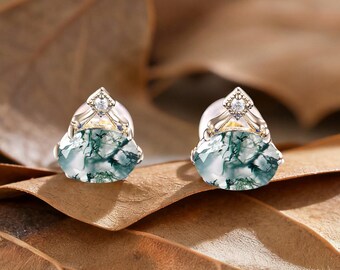 Moss Agate Oval Cut Wedding Stud Earrings, Moissanite Accent Engagement Stud Earring, Vintage Yellow Gold Earrings, Christmas Gift for Women