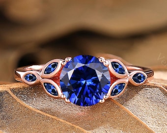 Silver Blue Sapphire Ring Round Blue Sapphire Engagement Ring Marquise Blue Sapphire Ring Solid Gold Ring Sterling Silver Ring Promise Ring