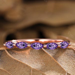 Amethyst Wedding Band Unique Marquise Cut Amethyst Ring Amethyst Half Eternity Rose Gold Wedding Band Women Matching Stacking Band for Her