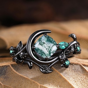 Unique Moss Agate Women Engagement Ring Leaf Nature Inspired Bridal Sets Black Gold Ring Promise Ring Custom Gift Anniversary Gift For Women