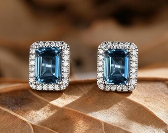 Vintage London Blue Topaz Stud Earrings Emerald Cut Blue Topaz Earrings December Birthstone Gift Minimalist Dainty Bridal Jewelry for Women