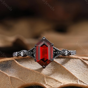 Hexagon Garnet Engagement Ring Moissanite Ring Red Garnet Ring Gothic Black Gold Ring Custom Ring Promise Ring Anniversary Gift for Her
