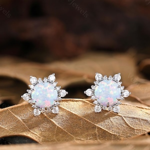 White opal earrings,dainty opal earrings,round cut opal earrings,minimalist,moissanite earrings anniversary gift,flatback earrings,custom