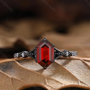 Hexagon Garnet Engagement Ring 14K Black Gold Ring Moissanite Bridal Garnet Ring Gothic Wedding Band Birthstone Ring Anniversary Gift