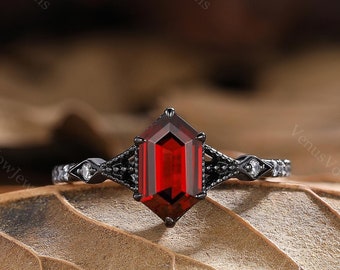 Hexagon Garnet Engagement Ring 14K Black Gold Ring Moissanite Bridal Garnet Ring Gothic Wedding Band Birthstone Ring Anniversary Gift