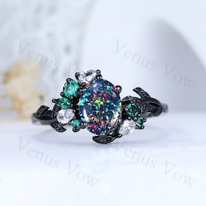 Oval Black Opal Ring, Black Gold Fire Opal Ring, October Birthstone Ring, Promise Wedding Engagement Anniversary, Personalized Gifts for Her