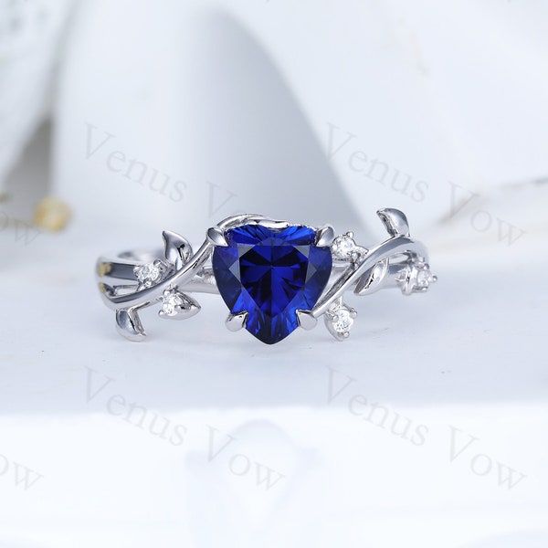 Vintage heart blue sapphire wedding ring Leaf twig engagement ring Art deco white gold bridal Jewelry Birthday gifts Branch rings for women