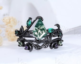 Unique black gold moss agate ring set Nature Inspired aquatic agate engagement ring vintage cluster emerald Leaf wedding ring set for women