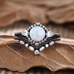 Round White Opal Engagement Ring Set, Vintage 14K Black Gold Bridal Ring Set, Art Deco Stackable Wedding Ring, Anniversary Gift for Her