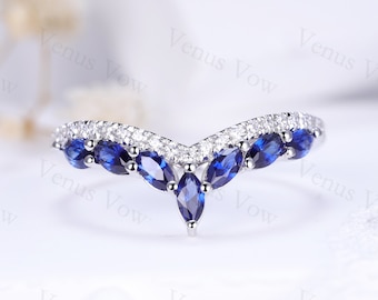 Solid Gold Sapphire Ring, 14k Gold Curved Wedding Ring for Women, Sapphire Chevron Contour Ring, V Shaped Stacking Ring, Blue Wishbone Ring