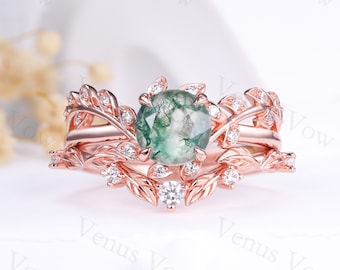 Moss Agate Leaf Engagement Ring Set Vintage Moss Agate Wedding Ring Set Art Deco Moss Agate Bridal Anniversary Ring Set Gift For Women