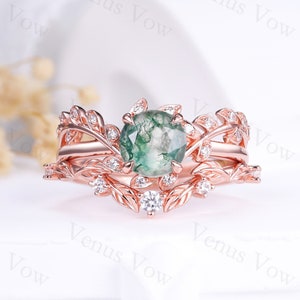 Moss Agate Leaf Engagement Ring Set Vintage Moss Agate Wedding Ring Set Art Deco Moss Agate Bridal Anniversary Ring Set Gift For Women