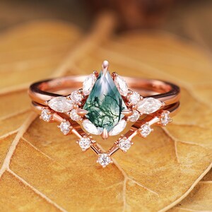 Natural Green Moss Agate Ring Set- Sterling Silver Aquatic Agate Engagement Rings For Women Vintage Promise Ring Green Gemstone Gift For Her