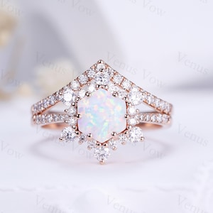 White Fire Opal Ring Set Unique Opal Engagement Ring Set promise proposal ring for her, vintage rose gold engagement ring, anniversary rings