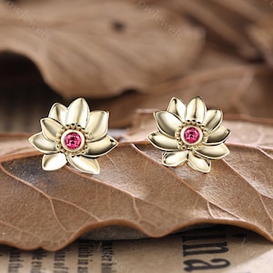 Natural Ruby Lotus Stud Earrings, Delicate Nature Inspired Plant Earring, Minimalist Round Cut Wedding Earrings, Christmas Gift for Her
