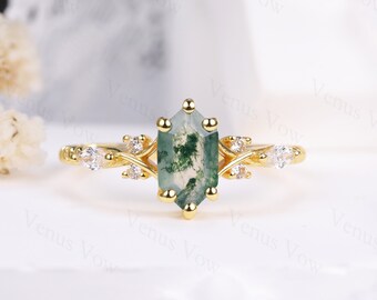 Unique Gemstone Ring Hexagon Cut Natural Moss Agate 925 Sterlign Silver Engagement Ring For Women Vintage Cluster Art Deco Bridal Ring Gifts