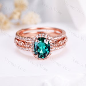 Emerald Bridal Ring Set May Birthstone Ring Raw Oval Emerald Ring Green Gemstone Engagement Ring Wedding Anniversary Birthday Gift for Her
