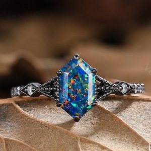 Natural Black Opal Ring Black Gold Black Opal Ring Moissanite Ring Black Fire Opal Ring Hexagon Black Opal Ring October Birthstone Ring