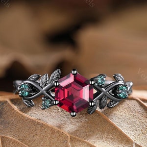 Hexagon Cut Ruby Ring 14K Black Gold Vintage Engagement Ring Emerald Ring Promise Ring Handmade Jewelry Anniversary Gift Custom Gift