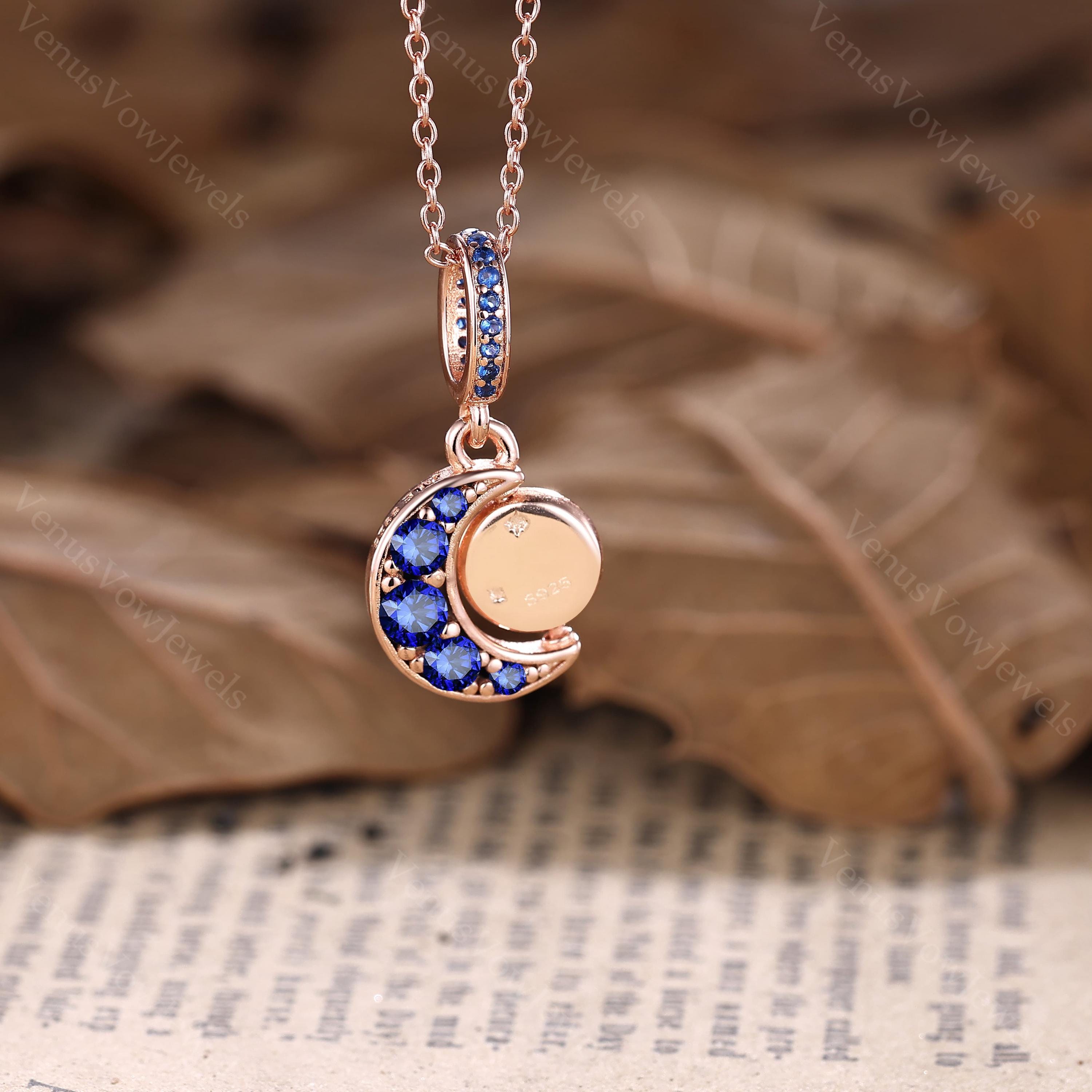 Blue Sapphire Crescent Moon Pendant Necklace, Art Deco Moon