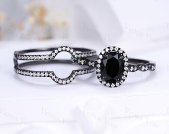 Black Onyx Bridal Ring Set Unique Women Engagement Ring Vintage Black Gold Art Deco Ring Promise Ring Anniversary Ring Set Birthday Gifts
