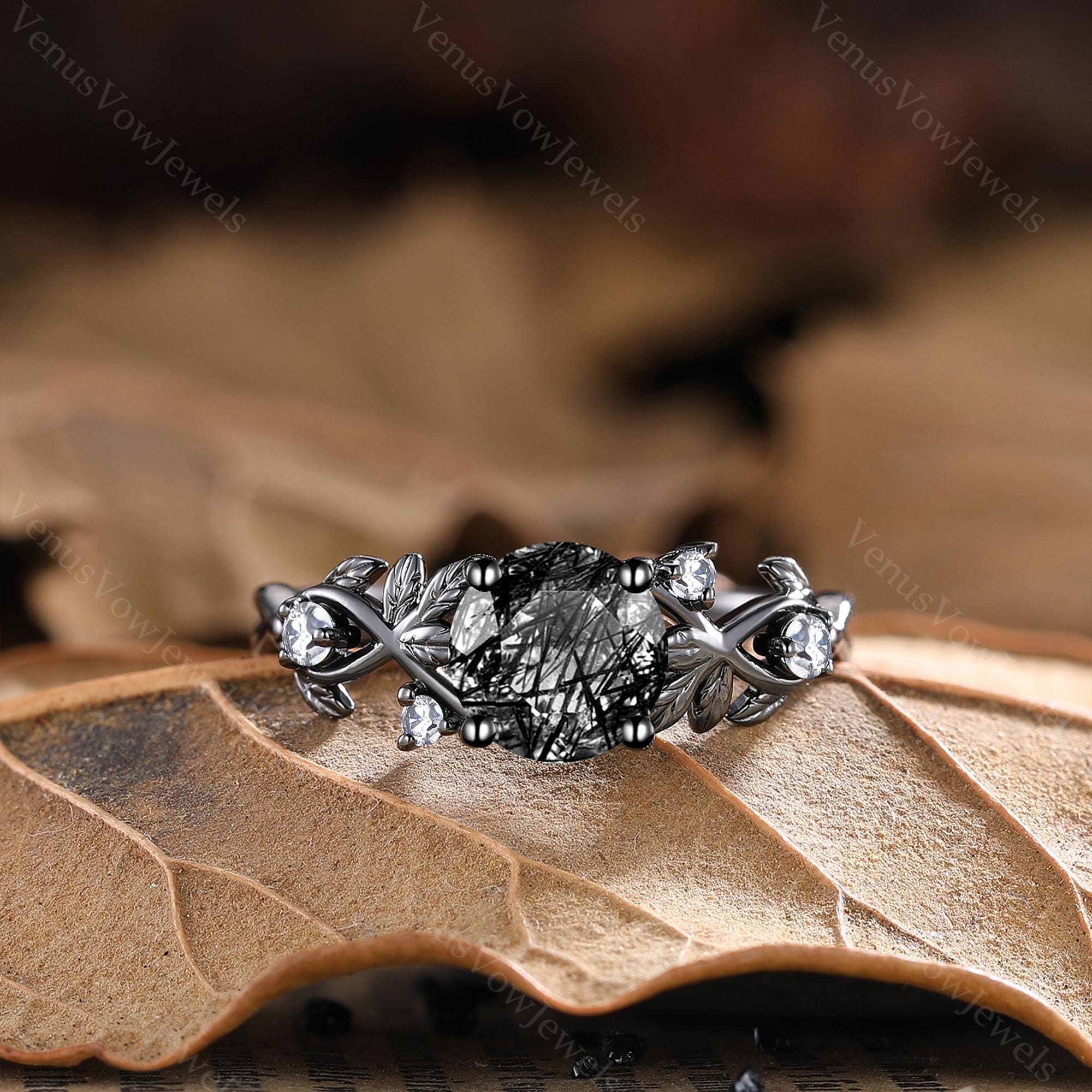 Gothic Black Gold Black Rutilated Quartz Engagement Ring Unique