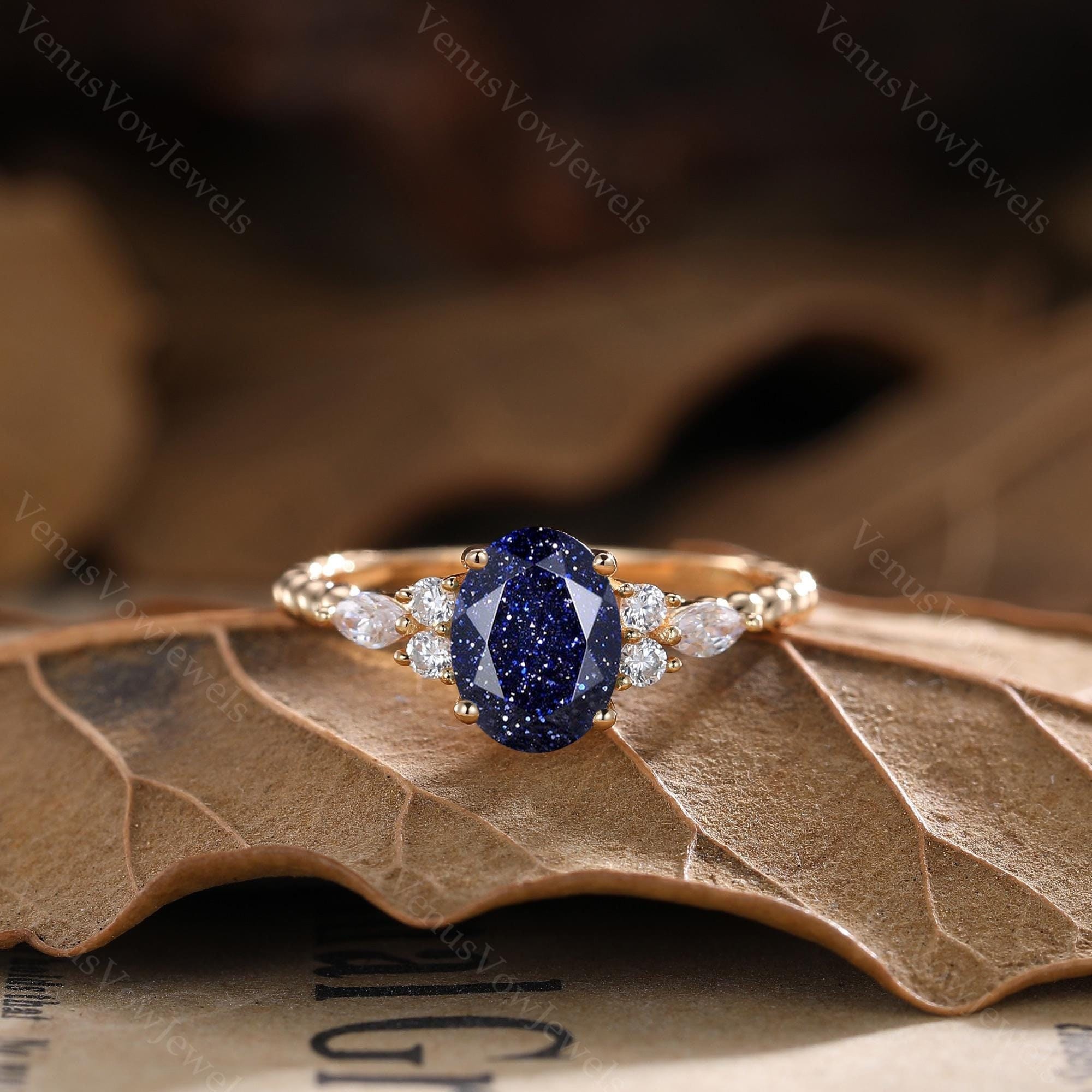 Galaxy Orion Nebula Ring Oval Blue Sandstone Ring Anniversary Gift