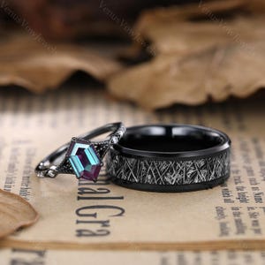 Anillo de alejandrita con corte hexagonal para parejas, anillo de compromiso de oro negro, anillo único con piedra de nacimiento de junio, anillo de tungsteno, conjunto de anillo de alejandrita