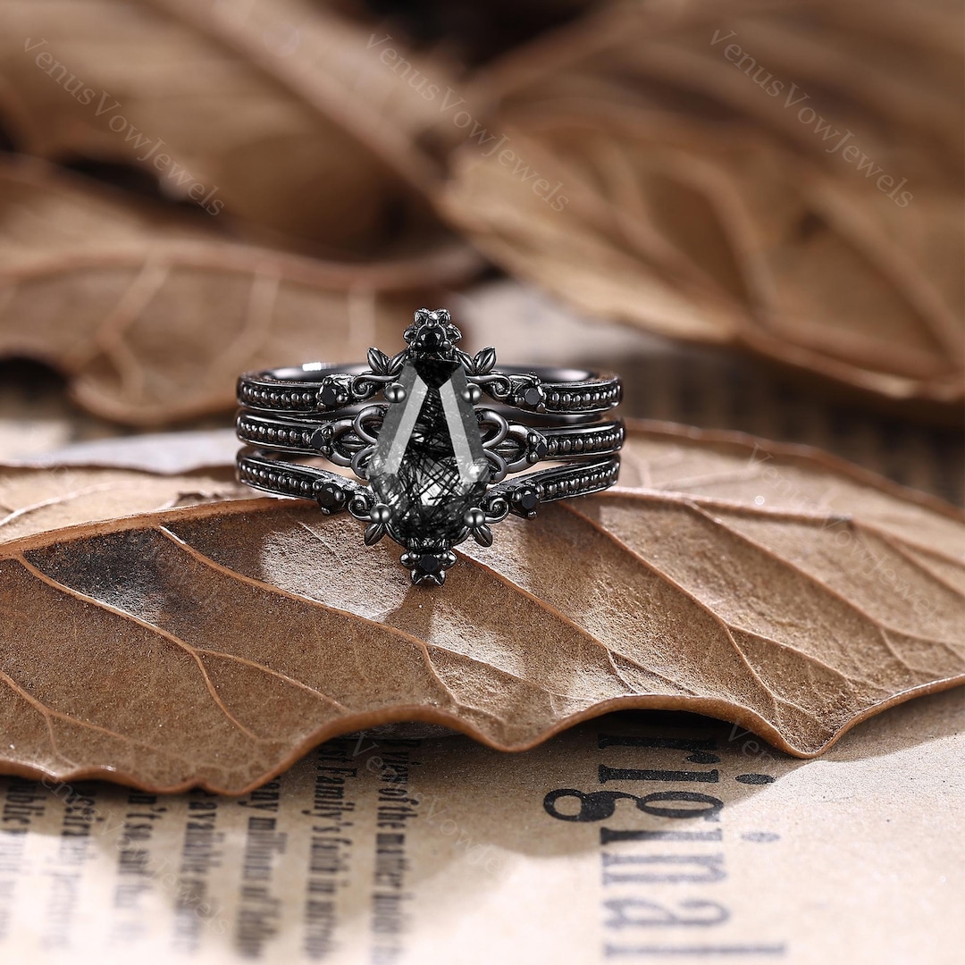 Gothic Coffin Black Rutilated Quartz Ring Black Gold Onyx Band
