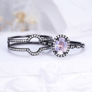 Vintage Oval February Birthstone Natural Lavender Amethyst Engagement Ring Set Milgrain 14k Rose Gold Purple Crystal 2pcs Bridal Ring Set