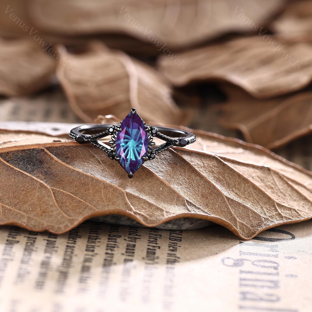 Unique Firework Cut Alexandrite Ring Black Gold Marquise Band Color ...
