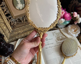 Vintage Gold Tone Flowers Vanity Set W/ Brush & Hand Mirror