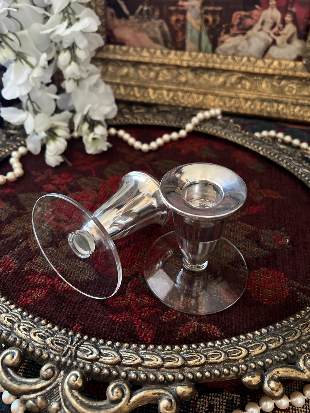 アメリカ製 Duchin Creation スターリングキャンドルスタンド Duchin Creationsのガラスベース付きヴィンテージエレガントな