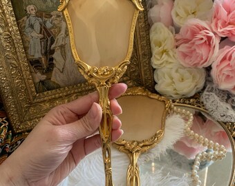 Antique Vintage Brush & Mirror Set Victorian French Ornate Gold Fancy Old Vanity