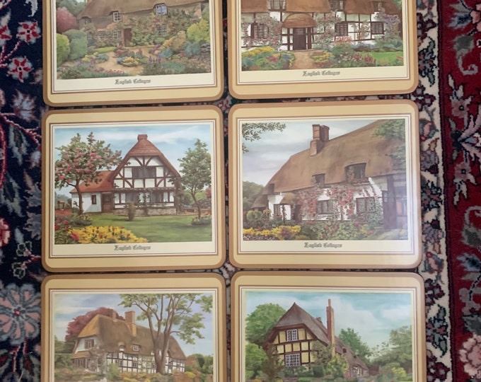 6 Vintage Pimpernel English Cottages Placemat Set Cork Back 7.6x8.6 De